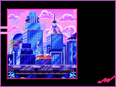 Simulated City™ 80s 90s city illustration level art neon pixel art postmodern retro