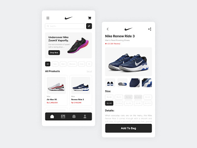 Nike - Shoes Store App app design interactive interactivedesign minimalist mobile monochrome simple ui uidesign userinterface userinterfacedesign visual visualdesign