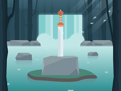Holy Sword autumn blue forest gray green illustration landscape low-poly lowpoly rome sword vector water waterfall woods
