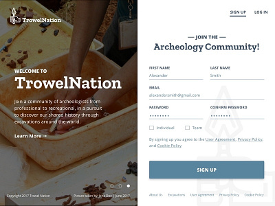 TrowelNation - Home Page Design archeology blue form landing page nation sign in split split screen trowel web webdesign