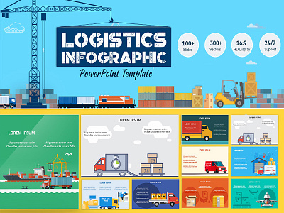 Logistics PowerPoint Infographic Set advertisement airplane communication delivery export global illustration infographics logistic marketing port rail service shipping train transport transportation vechile vector warehouse