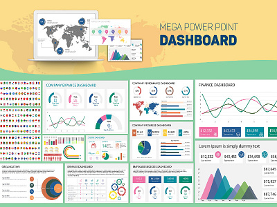 Mega PowerPoint Dashboard Creator analytics application dashboard data design device elements gallery infographic mockup multimedia network online pricing process rating responsive shopping system tables