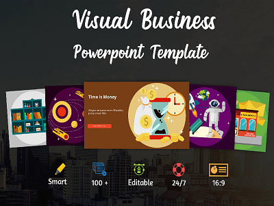 Visual Business PowerPoint Template building city construction factory gas hospital hotel illustration inspection mall manufacture mechanic office pharmacy planning postoffice production school station warehouse