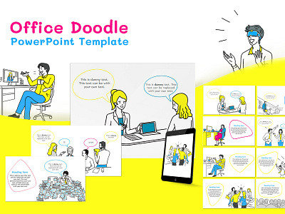 Office Doodle PowerPoint Template back behavior cartoon corporate doodle drawing drink drop emotional group isolated lined male office office doodle people situation sketch woman