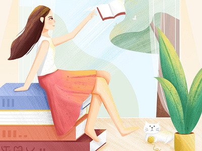 let's reading book cat girl illustration read