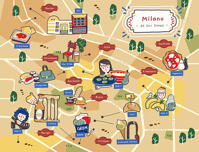 Milano Map 📍🇮🇹 city city illustration flat flatmate food foodie friends friendship ice cream illustrated map illustration italian food italy map memories milan milano pizza study university