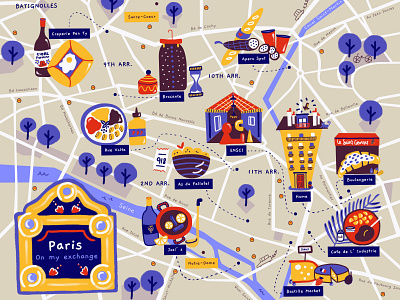 Paris Map 📍🇫🇷 baguette cheese city city illustration crepes croissant exchange food foodie france friends friendship illustration map map illustration maps memories paris university wine