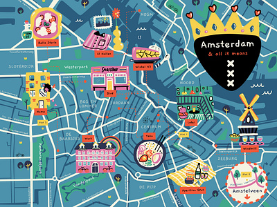 Amsterdam Map📍🇳🇱 amsterdam bikes canals city city map cityscape dutch expat food food illustration holland illustrated map illustration love map market netherlands pizza restaurants windmill