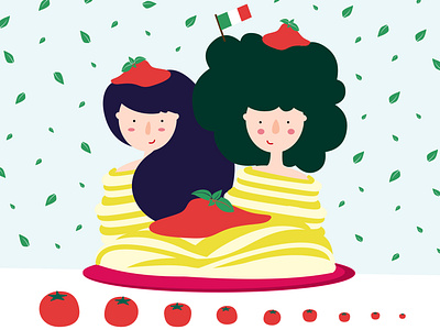 Spaghetti Ladies. basil flag food foodporn friends friendship girls illustration italy pasta spaghetti tomato vector women