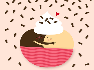 Ice-cream Hugs. chocolate couple cup heart hug ice cream illustration love pair scoop sprinkles vanilla vector whipped cream