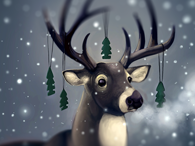 Deer art christmas deer illustration night snow tree winter