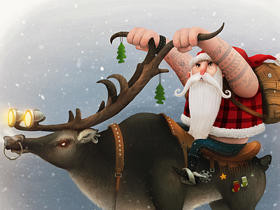 Bad Santa beard bike christmas deer horns illustration light santa snow winter