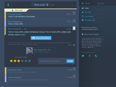 Slido web-view in flat agenda app blue conference dark feedback flat left menu metro modern panel presentation rating side slido speaker style submit time twitter web