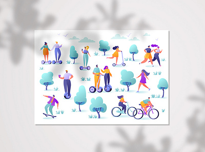 "Leisure Outdoor" Vector Characters activity cartoon cartoon flat character design characters flat flat design gyroboard healthy lifestyle jogging outdoor park people recreation skateboard sports vector vector characters vector people walk