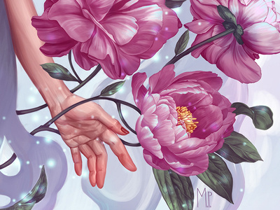 Little piece of my illustration with a girl and peonies.