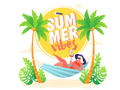 Girl in hammock. Summer vacation . 2d 2d art adobe illustrator character design cocktail concept digitalart flat design girl hammock illustration monstera palm tree people summer tropical vacation vector