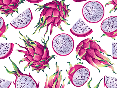 Seamless Pattern with Dragon Fruit abstract background botanical colorful decorative design fabric fashion foliage fruit illustration modern pattern seamless summer textile tropical vector