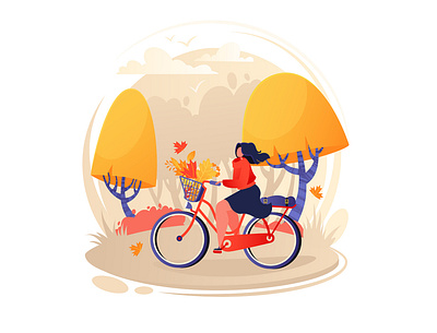 Woman character riding bicycle 2d 2d art activity adobe illustrator autumn bike cartoon character design concept digitalart eco healthy illustration leaf fall leaves lifestyle outdoor park people vector