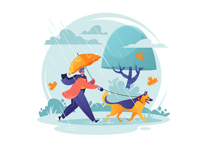 Man walking his dog 2d adobe illustrator art autumn cartoon character character design color concept design dog drawing flat outdoor owner park puddles rain umbrella vector vector art