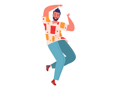 Happy male character jump 2d adobe illustrator cartoon celebration character character design cheerful concept flat hands up happy illustration male man millennial generation modern people positive smiling vector