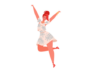 young, stylish woman jumping and dancing on white background. activity adobe illustrator cartoon celebration character character design concept dance digitalart flat hands up happy healthy illustration inspiration people trendy vector waving hand woman