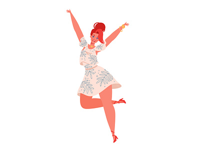 young, stylish woman jumping and dancing on white background.