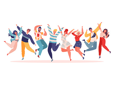 Group of young joyful jumping people with raised hands isolated 2d adobe illustrator cartoon celebration character character design cheerful colleague concept flat friend fun group hands up happiness happy illustration people positive vector