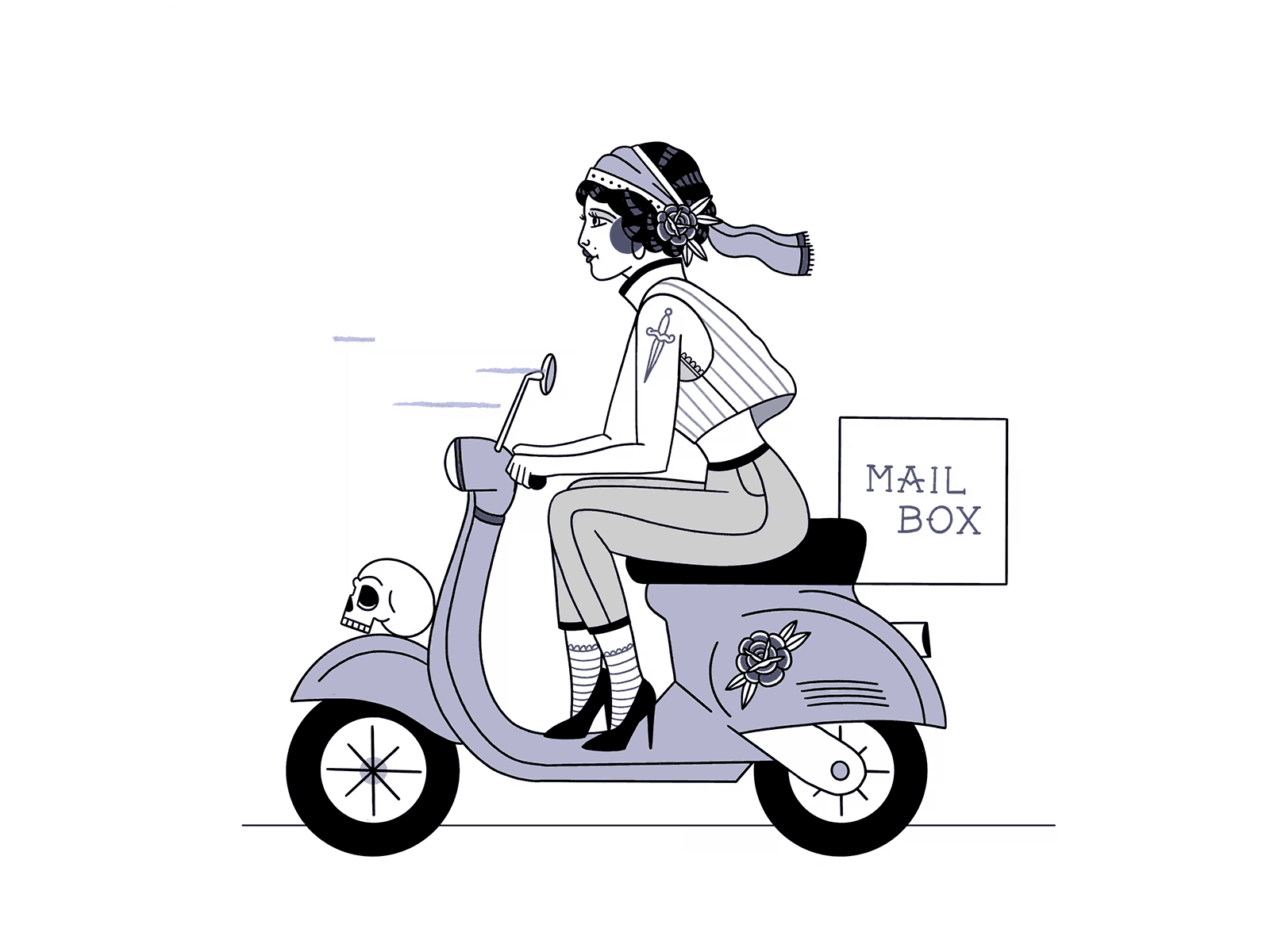 Mail. animation characterdesign cyra design driving illustration letter mail mailbox motiondesign oldschool oldschool tattoo skull tattoo traditional animation vespa woman