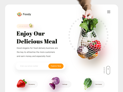 Foody Landing Page Explore app branding design food food app fooddelivery foody meals minimal ui vegan website