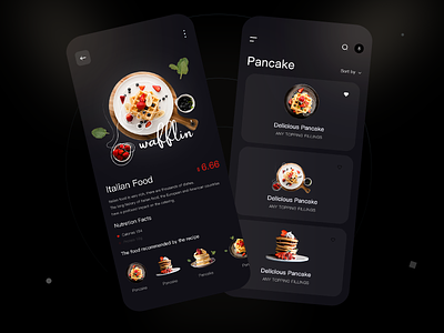 Food Mobile APP-Dark Version 2 app branding dark theme dark version design dessert dumpling food delivery foodie pancakes ui web website