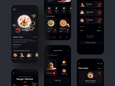 Food Mobile APP-Dark Version app branding burger dark theme delivery app design food illustration minimal pancake pizza ui website