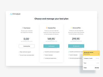 Climadjust Pricing Plans UI adjust adjustment bias branding climate desktop app desktop ui pricing pricing plans saas saas app saas design saas ui saas website ui ui design