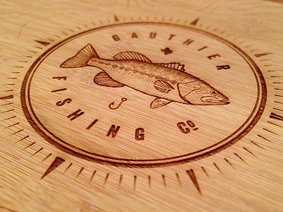 Gauthier Fishing Co. etching badge compass fish fishing topography wood