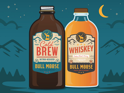 Bull Moose Bottles bull coffee moon moose mountains stars whiskey