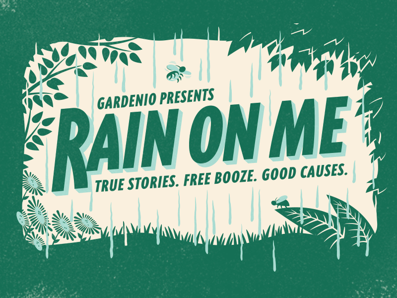 Rain on me event austin bugs gumbo leaves plants poster rain stories storytelling