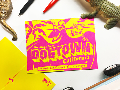 Dogtown, California alien dinosaur illustration lyft palmtree postcard pterodactyl scooter