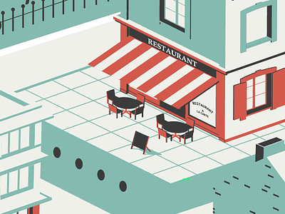 Almost Isometric awning building cafe chair city illustration restaurant table vector window