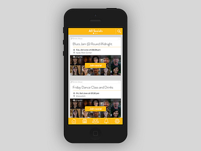 Socials app calendar card event iphone join list location meetup socialising time timeline