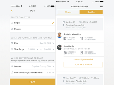 Play event mobile play racquet sports ui