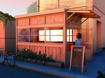 Golden Hour bike buildings c4d cafe character design chillwave concept art golden hour illustration illustration art landscape