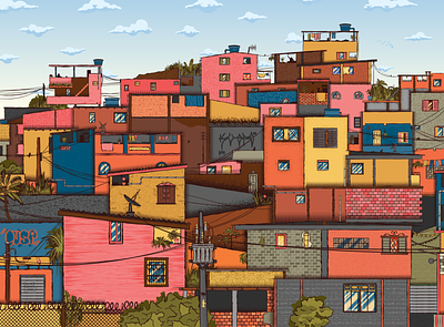 Favela birds brazil city colorful detail doors favela grafitti halftone house illustration illustrator cc local poor rio de janeiro sky texture tropical vector world
