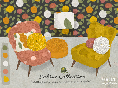 ADahlia Collection chairs editorial layout fabric collection floral background floral design flowers flowers illustration home decor illustration pattern pattern design vintage