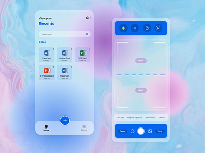 Cam Scanner App UI/UX Glassmorphism Concept app design cam scanner camera scanner flat design minimal minimalist design scan photos scanner app ui design uiux design user interface design ux design