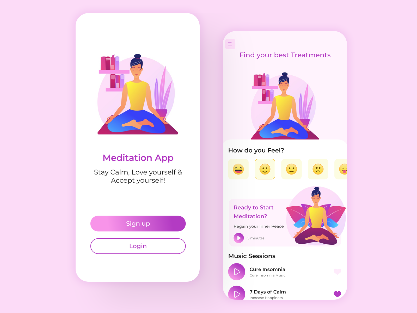 Meditation App (V2) app-design femine healthy illustration ios-app meditations player typography ui yoga-app