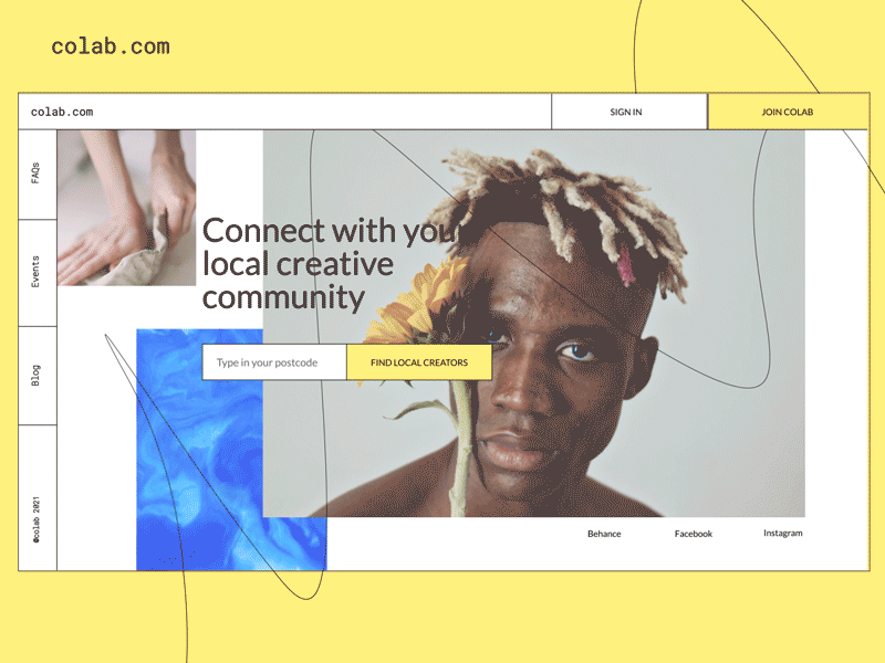 Art Community Home Page Concept Mobile art community colab home page ui homepage mobile motion photography product design responsive design yellow