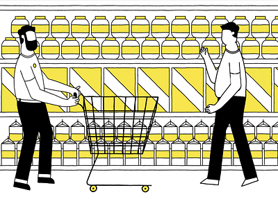 Almost Happy Shopping animation black cereal design explainer explainer video graphic design grocery illustration illustrations illustrator milk minimalist minimalistic pickles shop trolley vector yellow