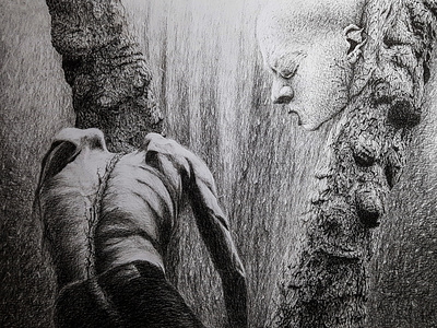 Illness art artwork black and white charcoal details drawing human illness illustration man pencil tree tree bark treebark
