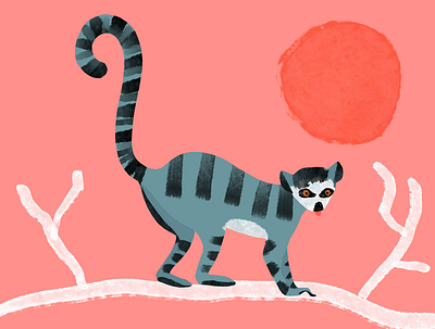 Blue lemur illustration animal art animals hand drawn illustration lemur monkey nature pink storybook stripes trees