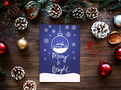 Merry and bright Christmas card blue christmas greeting card hand drawn hand lettering holiday card illustration ornament print design script snow snowflake