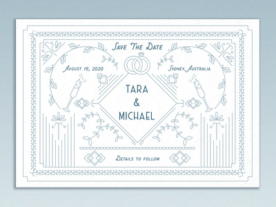 Save the date card blue card floral geometric greeting card illustration invitation line art marriage print design save the date vintage wedding wedding invitation wedding invite white